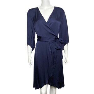 Soaked Studio Satin Eline Wrap Dress Navy Blue V Neck Half Sleeve